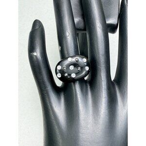 Vintage Lucite Rhinestone & Metal Stud Ring Black Dome Style Statement Sz 5.75